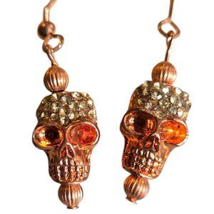 Crystal Rhinestone Skull Earrings Copper Color Halloween Skeleton